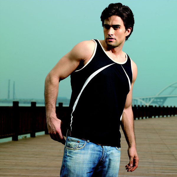 Black athletic singlet with white contrast binding on neckline, armholes and side panels