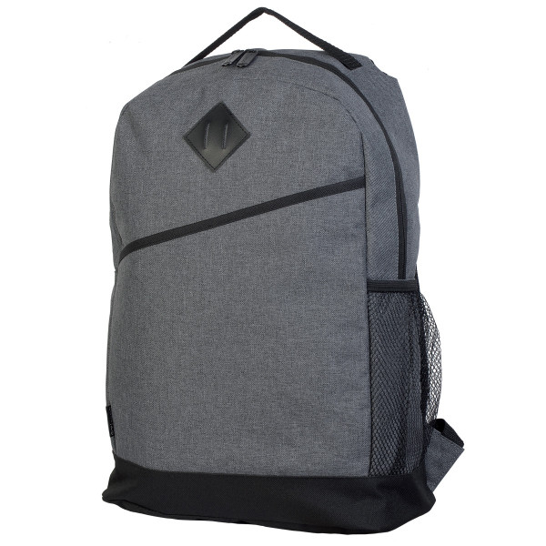 Charcoal grey canvas-like backpack with black base panel, diagonal zip pocket, mesh side pocket and diamond logo patch