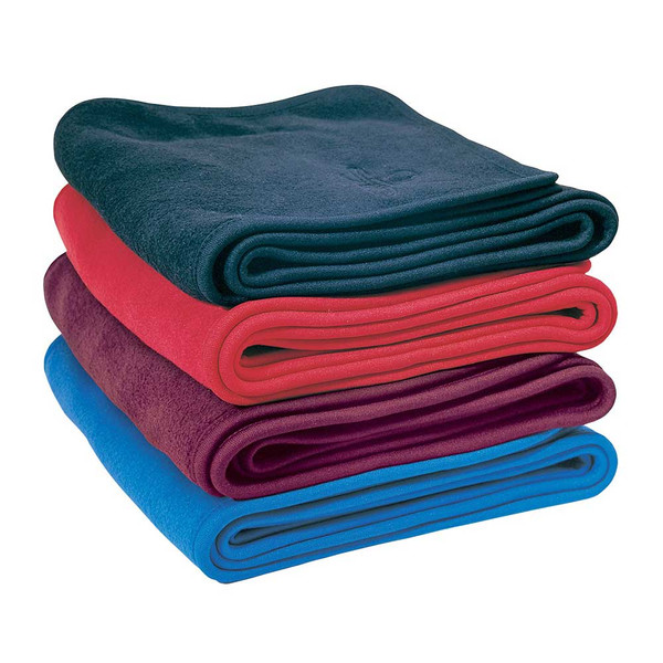 Stack of four polar fleece scarves in teal, coral red, burgundy and bright blue showing soft textured fabric