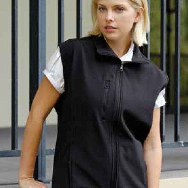Black sleeveless soft shell vest with full zip front and high collar