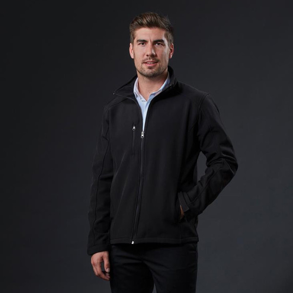 Man wearing black stretch soft shell jacket with full-length zip and side zip pockets