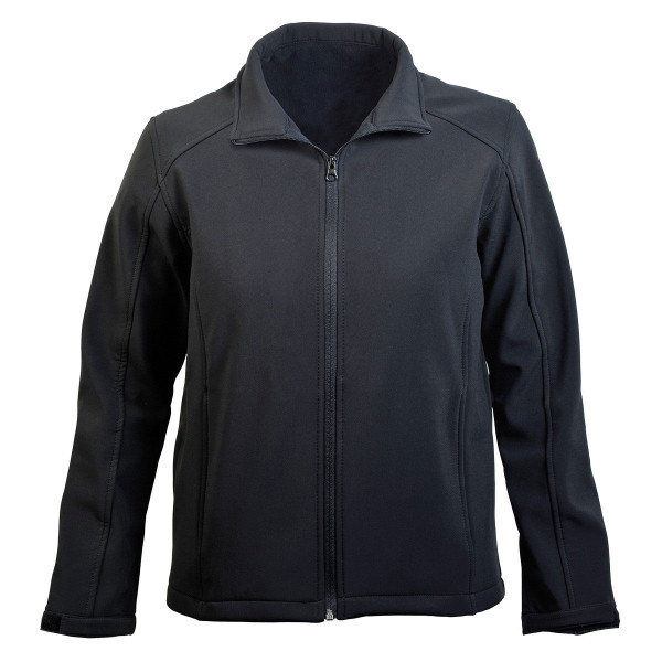 Charcoal grey soft shell jacket with full zip closure, standing collar and shoulder panel detailing
