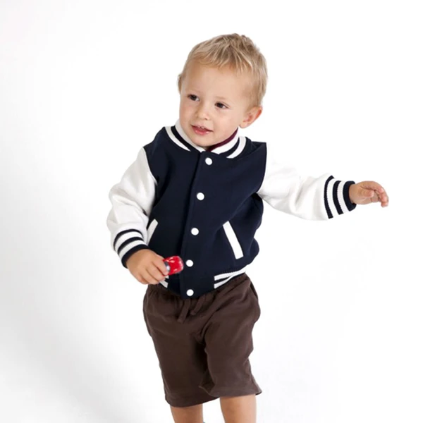 Navy varsity jacket with white contrast sleeves, striped collar and cuffs, white snap buttons