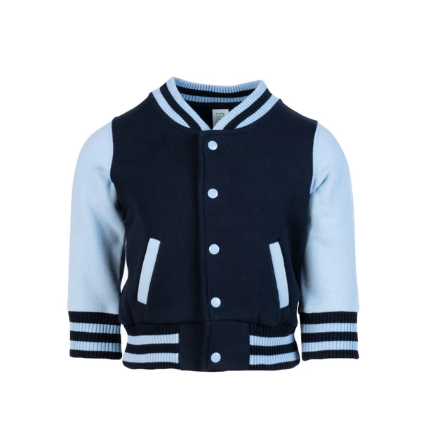 Navy and sky blue varsity jacket with white snap buttons and striped rib knit trim