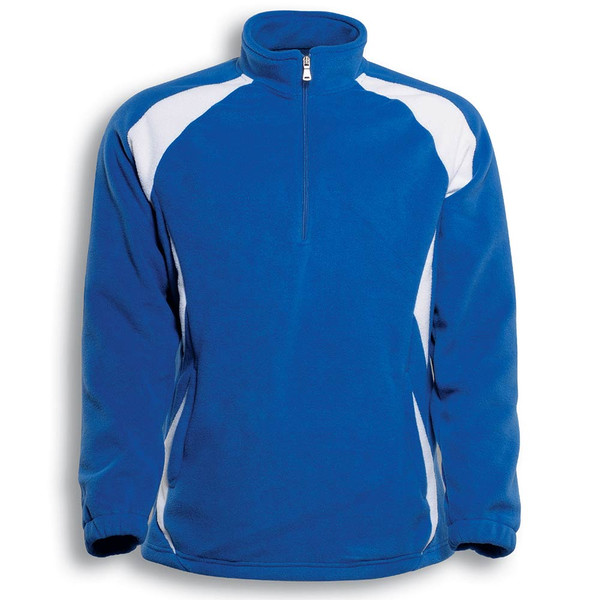 Royal blue half-zip pullover with white contrast panels on shoulders and sides