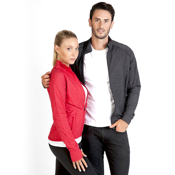Man in charcoal heather zip-up jacket with stand collar, woman in red heather jacket, both featuring stretch fabric construction