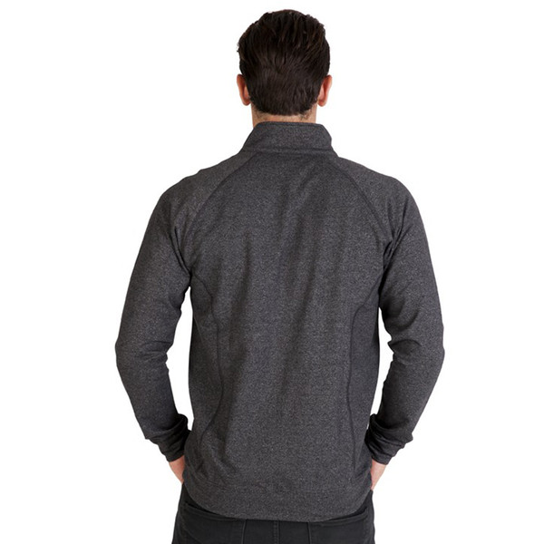 Charcoal heather stretch jacket shown from back with stand-up collar and fitted silhouette