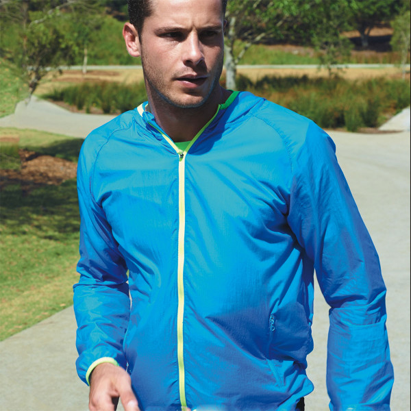 Sapphire blue lightweight running jacket with fluorescent yellow contrast zipper and hood drawstrings