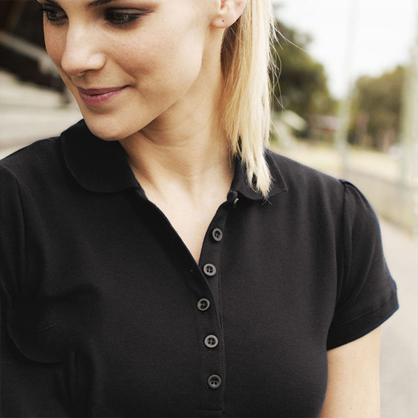 Black stretch polo shirt with button placket and collar detail for women