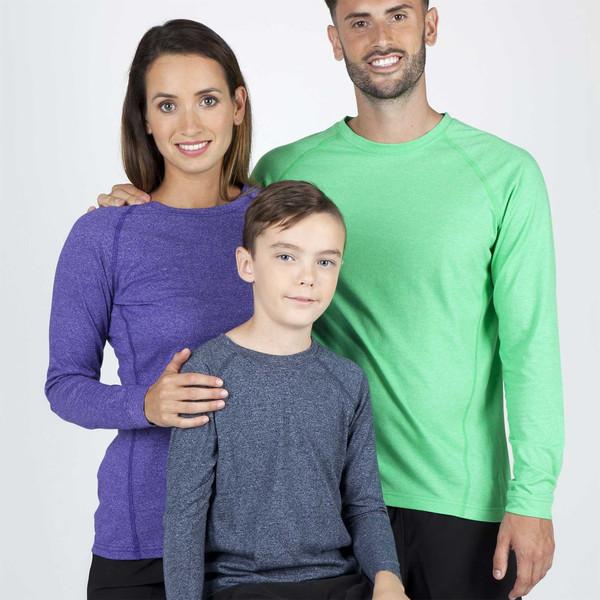 Purple heather long sleeve tee on woman, lime green long sleeve tee on man, charcoal heather long sleeve tee on child