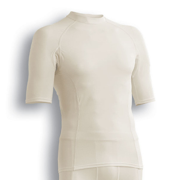 Cream short sleeve mens compression tee with mock neck, raglan seams and fitted body on mannequin