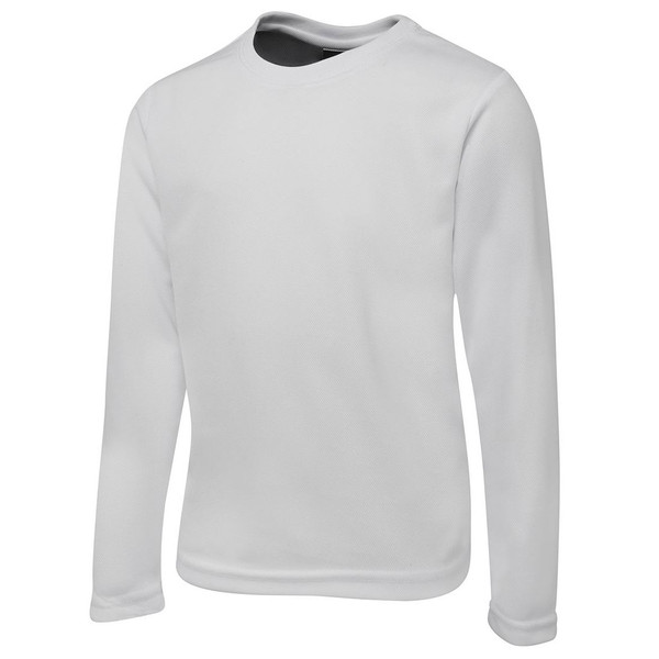 White long sleeve polyester t-shirt with crew neck and grey contrast inner collar
