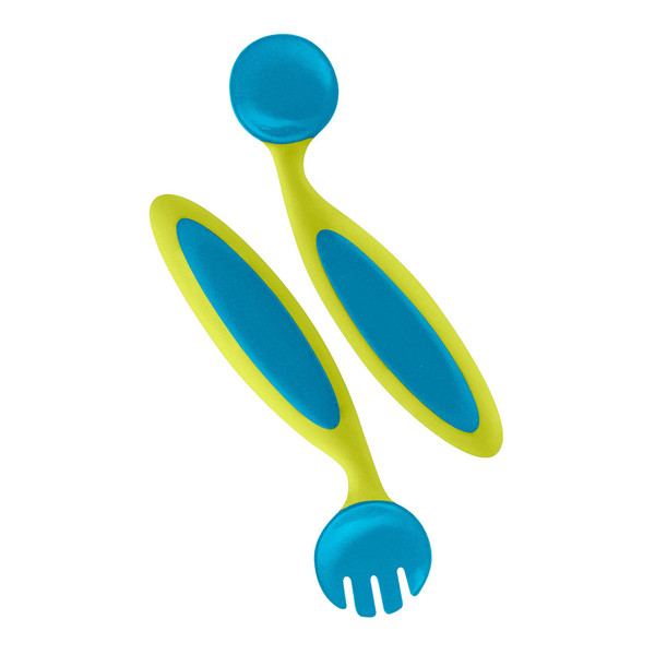 Teal and lime green adjustable baby fork and spoon set with bendable handles on white background