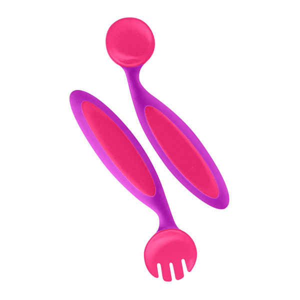 Pink and purple adjustable children's fork and spoon set with bendable curved handles