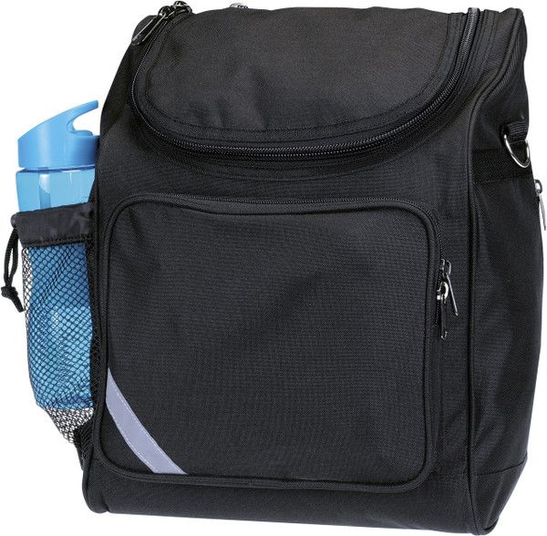 Black waterproof backpack with curved top zip, front pocket panel, side mesh bottle holder and reflective trim