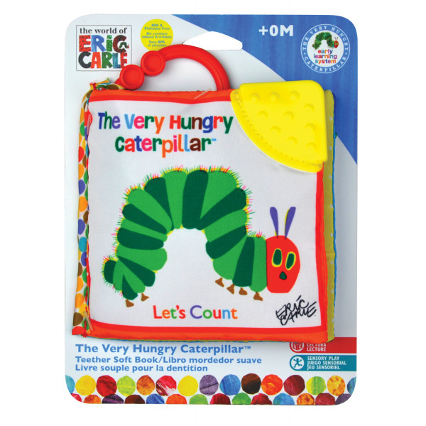 The Very Hungry Caterpillar Let's Count soft teether book in retail packaging with red clip ring and yellow teething corner
