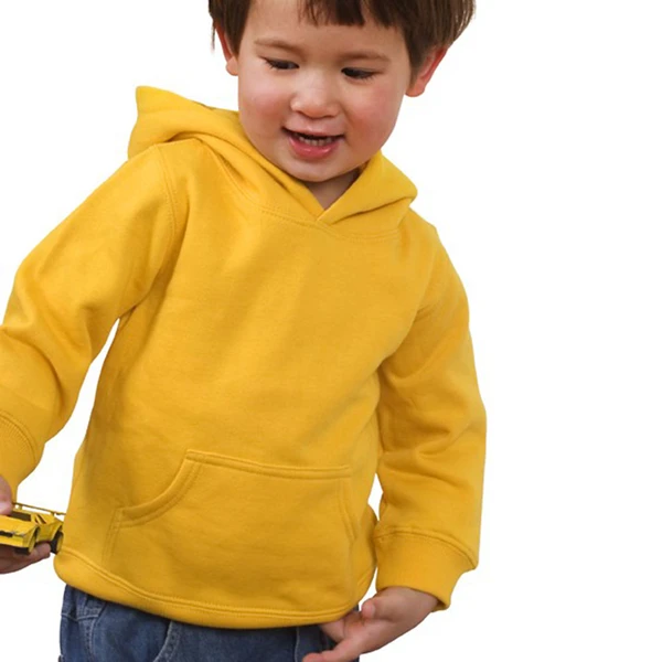 Bright golden yellow kids' pullover hoodie with front kangaroo pocket and drawstring hood