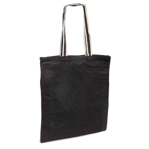 Black jute tote bag with black and white striped handles, flat front panel, packshot on white
