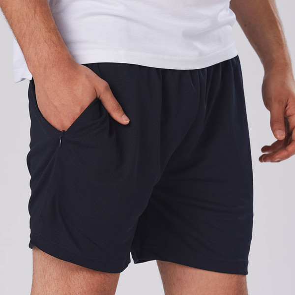 Black athletic mesh shorts with side pockets and breathable lightweight fabric