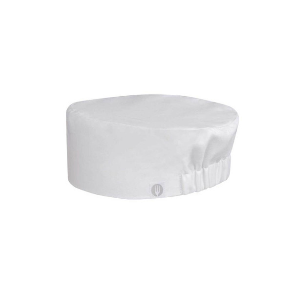 White chef beanie hat with gathered elastic back and logo embroidery detail