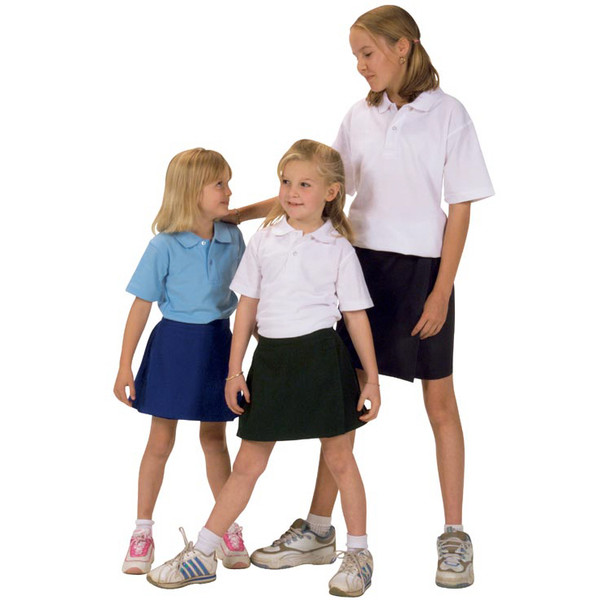 Three girls wearing navy, bottle green, and navy sport skorts with contrasting polo shirts in sky blue and white