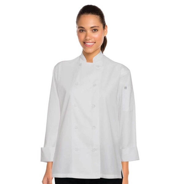 White lightweight twill chef jacket with mandarin collar, long sleeves with turn-back cuffs, and cloth-covered buttons