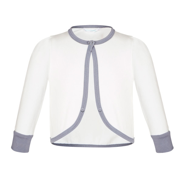 White long sleeve baby cardigan with grey contrast trim on collar, cuffs and edges