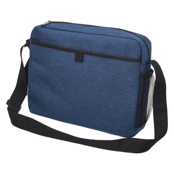 Navy blue heathered satchel bag with black zip trim, front pocket, mesh side pocket and adjustable shoulder strap