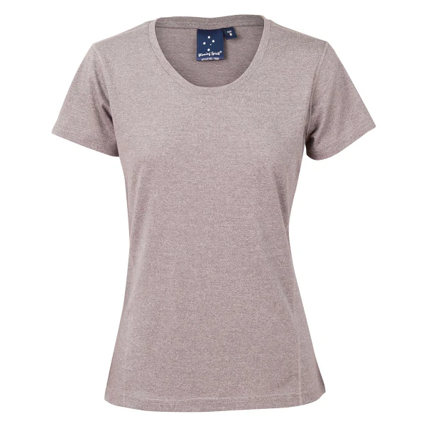 Ladies heather mauve sports tee with crew neck and short sleeves showing smooth decoration-ready front panel