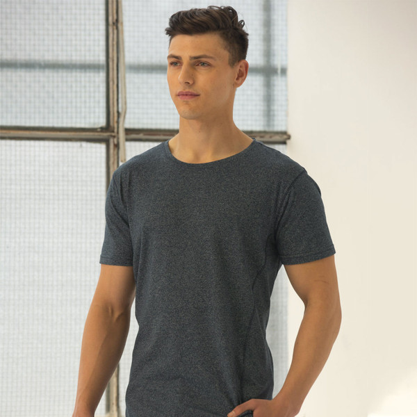 Charcoal heather crew neck t-shirt with short sleeves and classic fit shown on male model