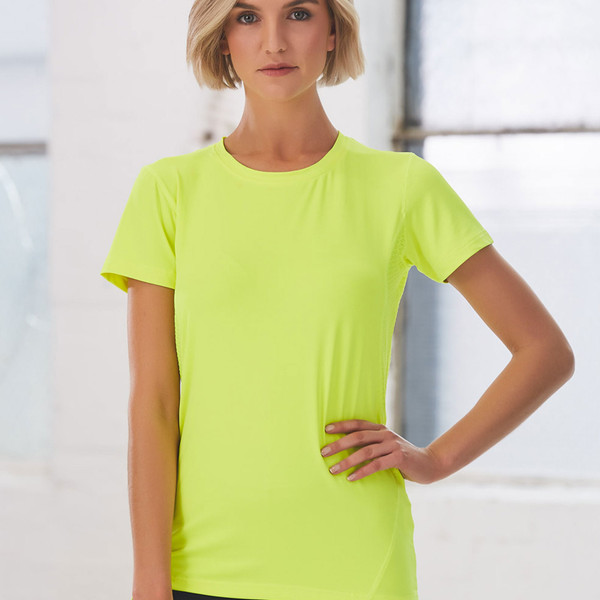 Neon yellow performance t-shirt with crew neck and short sleeves, smooth athletic fabric with flat front panel