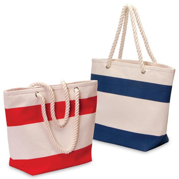 Two cotton canvas tote bags with rope handles — natural with red stripe and natural with navy stripe