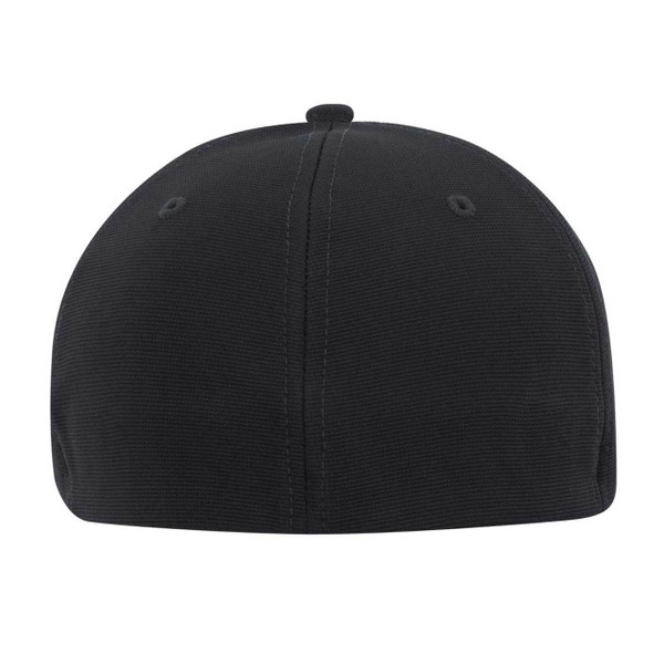 Black ottoman-texture fitted cap rear view, smooth structured crown with ventilation eyelets