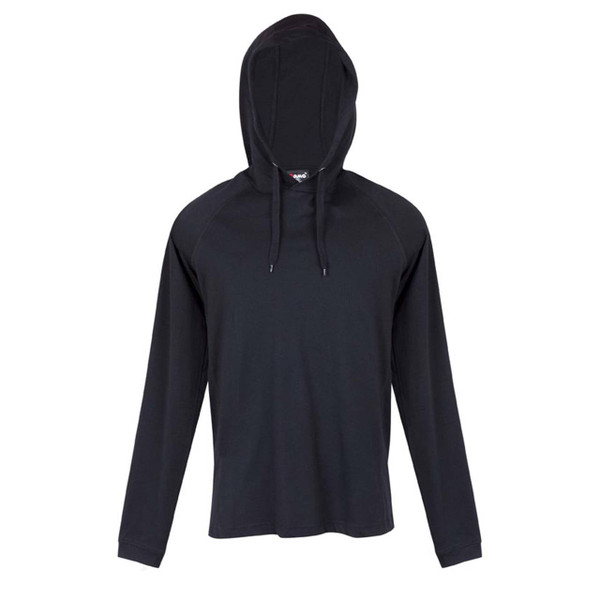 A plain black men's GAMER long sleeve hooded t-shirt, constructed as a lightweight 160gsm layer (cotton/polyester blend or 100% combed cotton). This comfortable top features raglan sleeves for movement and functions as a hoodie and t-shirt fusion for layering.