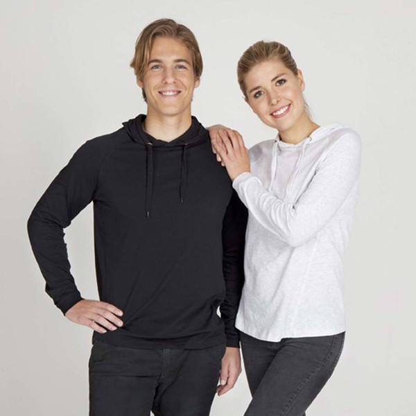 Black long sleeve hooded tee and white long sleeve hooded tee with drawstring hoods and kangaroo pockets
