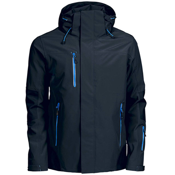 Charcoal grey waterproof jacket with hood and electric blue zipper trim on chest and hand pockets