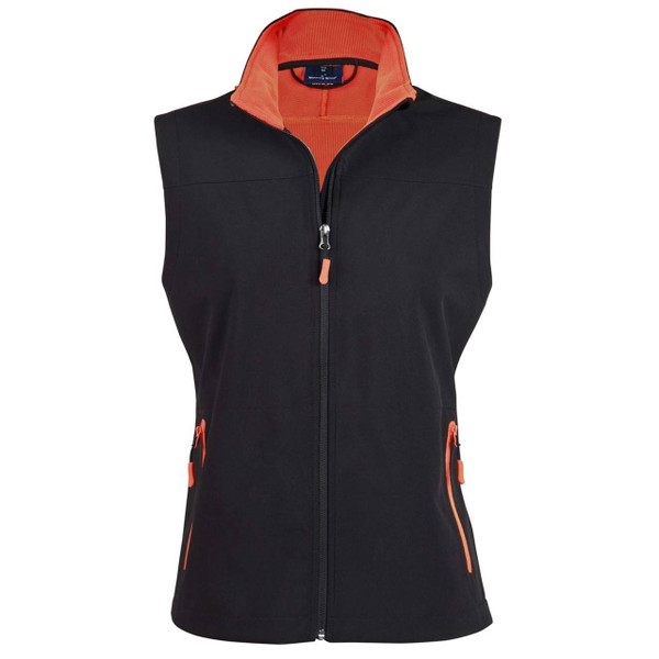 Black soft shell vest with orange contrast collar and inner zip detail, full front zipper