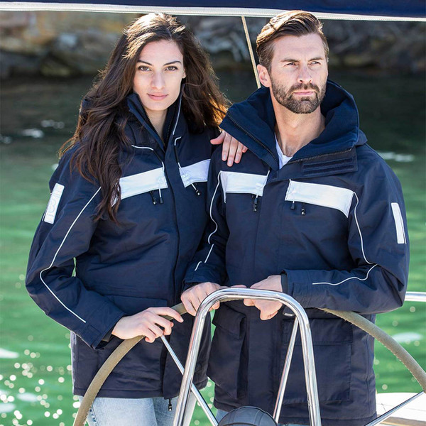 Navy sailing jackets with white reflective chest stripes and sleeve accents, featuring hood and zipper closure