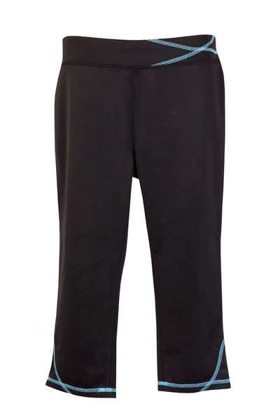 Black three-quarter gym leggings with turquoise contrast stitching on waistband and hem