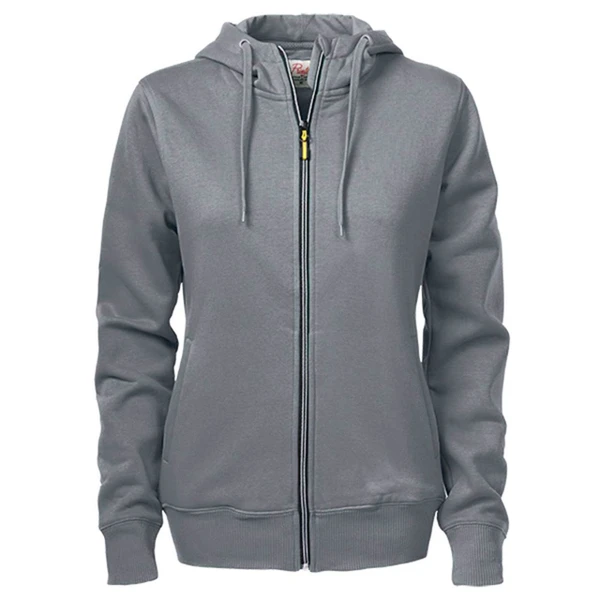 Steel grey ladies zip-up hoodie with contrast yellow zipper pull and drawstring hood