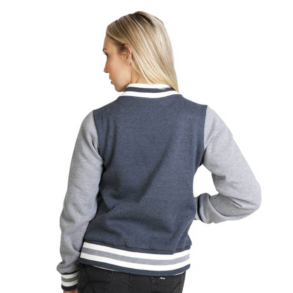 Back view of varsity jacket with navy body, grey sleeves, and white striped collar and cuffs