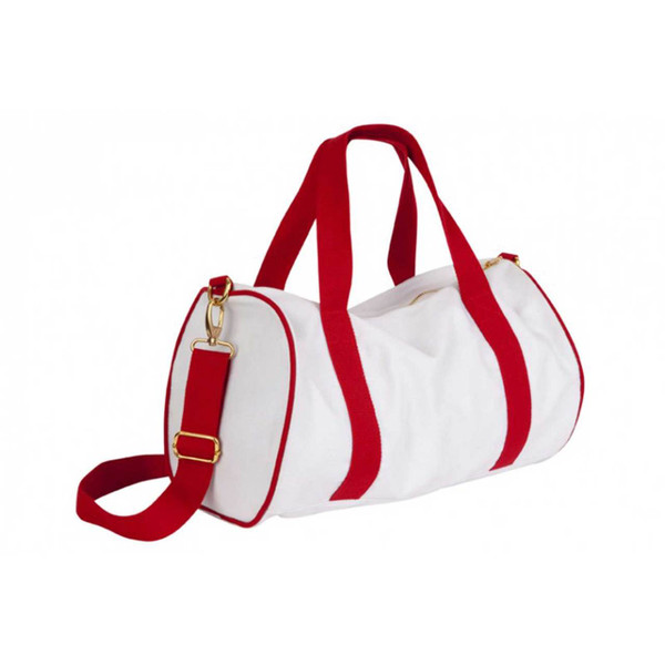 White canvas barrel bag with red contrast handles and adjustable shoulder strap