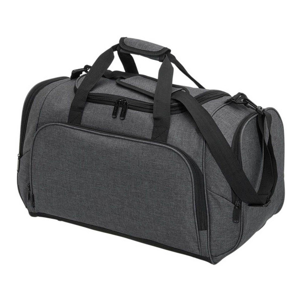 Charcoal grey marle travel duffel bag with black zip trim, front pocket, dual top handles and adjustable shoulder strap