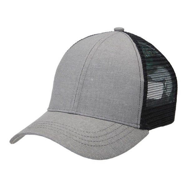Grey hemp front panel trucker cap with black mesh back and structured six-panel crown