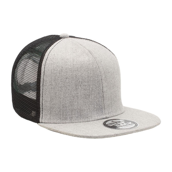 Heather grey flat peak trucker cap with black mesh back panels and structured six-panel crown