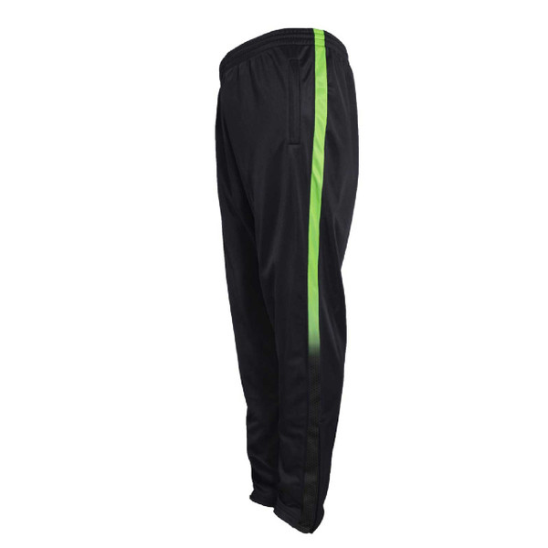 Black track pants with lime green side stripe detail and elasticated cuffs