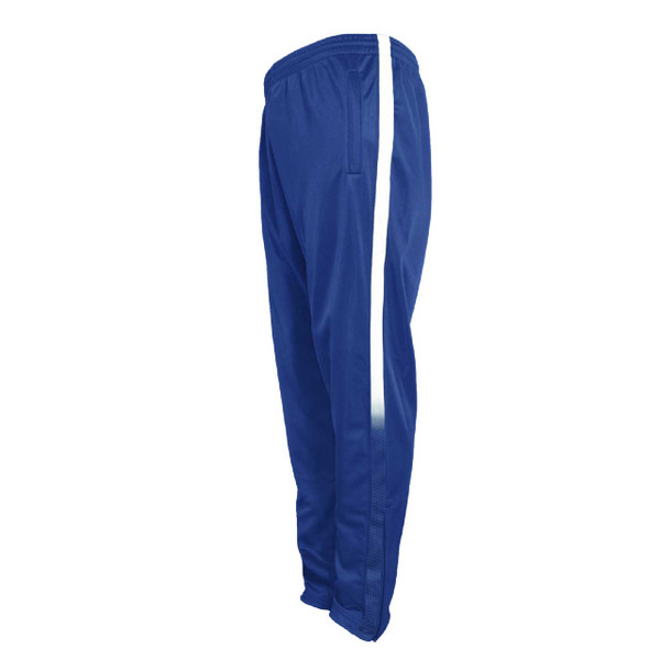 Royal blue track pants with white side stripe and elasticated cuffs