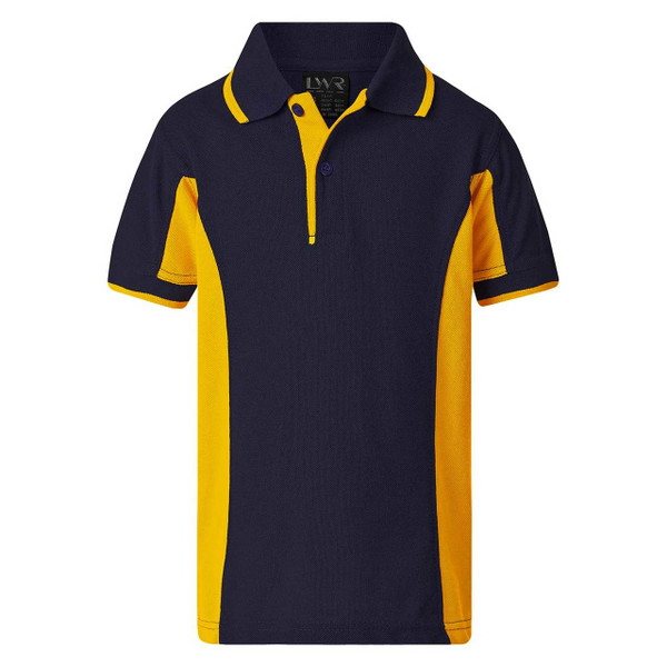 Kids navy and gold side panel sports polo shirt with contrast collar tipping and three-button placket