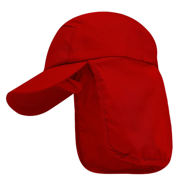 Deep red legionnaire cap with curved peak and rear neck flap for sun protection