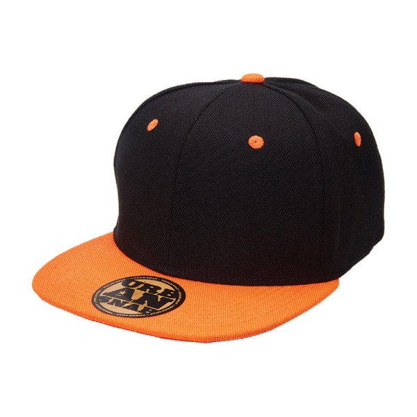 Black snapback cap with orange flat peak and matching eyelets and top button